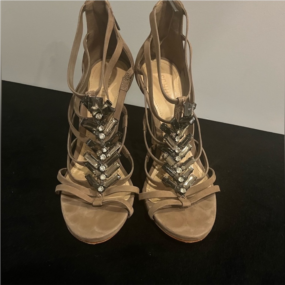 Schutz Chic Tan Strappy Heels with Rhinestone Accents